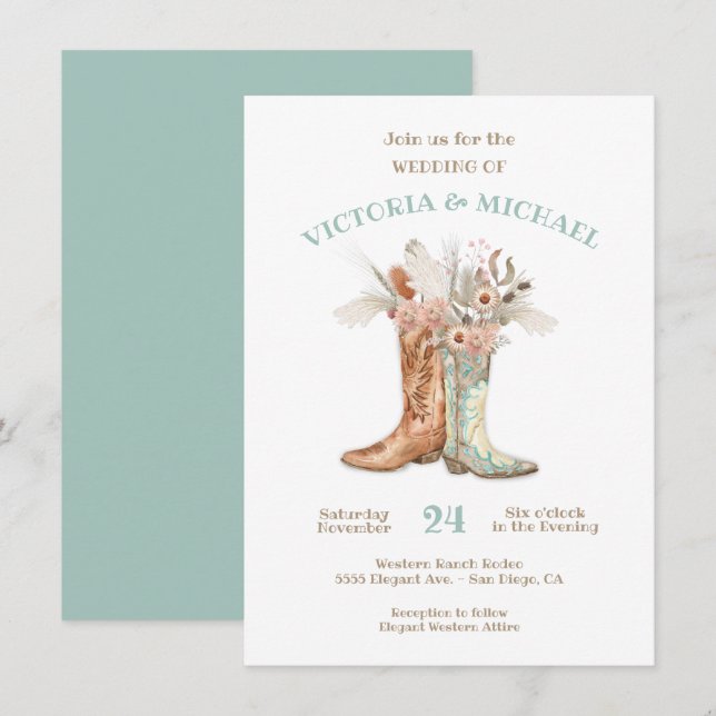 Bride & Groom Floral Boots Cowboy Western Wedding Invitation (Front/Back)