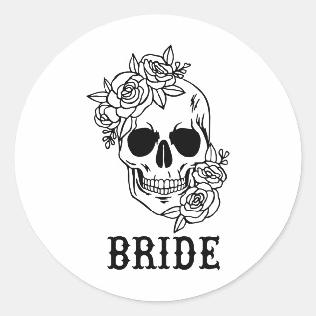 Bride Groom Floral Skull Halloween Wedding Bachelo Classic Round Sticker (Front)