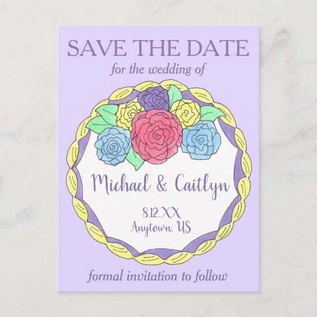 Bride Groom Floral Wedding Cake Save the Date Announcement Postcard (Front)
