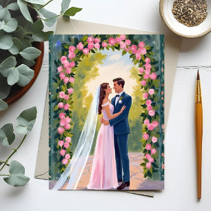 Bride & Groom Garden Arch Floral Wedding Painted Postcard
