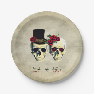 Bride & Groom Goth Skulls Wedding Paper Plate