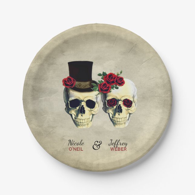Bride & Groom Goth Skulls Wedding Paper Plate (Front)