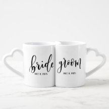 BRIDE + GROOM heart mug set