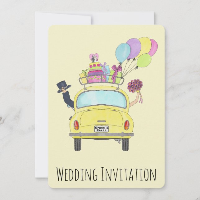 Bride & Groom in Car Wedding Invitation (Front)