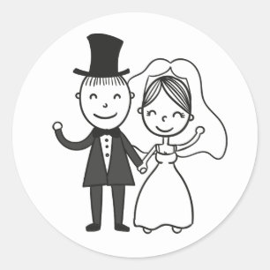 Bride Groom Just Married Wedding Black White Classic Round Sticker