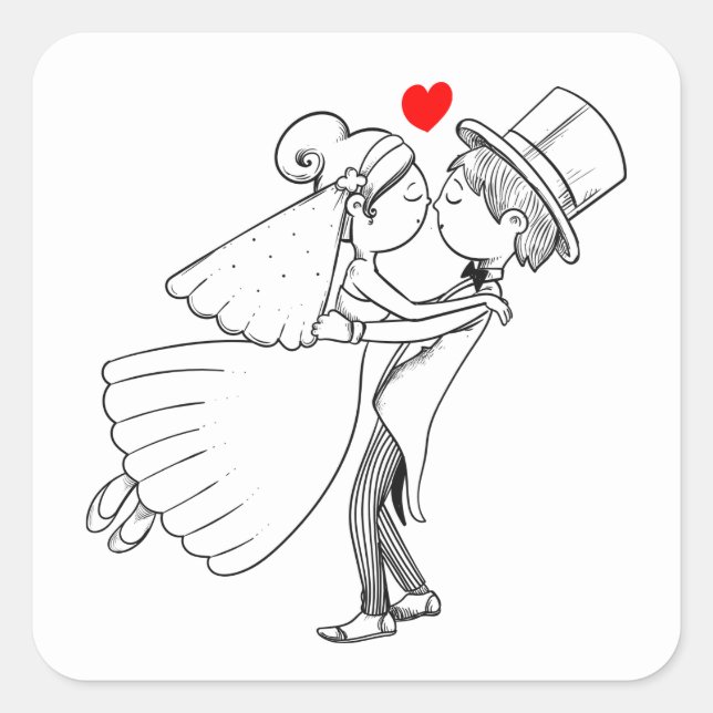 Bride Groom Just Married Wedding Black White Square Sticker (Front)