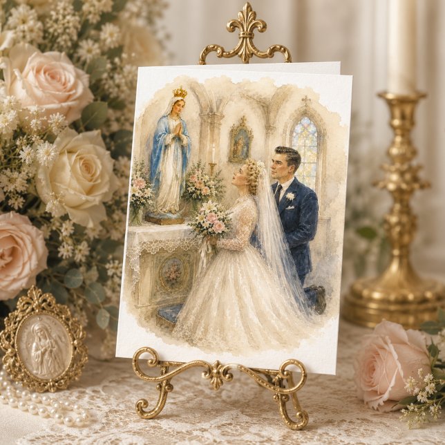 Bride & Groom Kneeling Before Our Lady Wedding Card (Creator Uploaded)