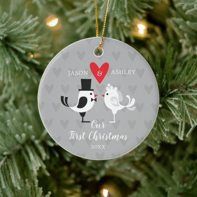 Bride & Groom Love Birds Our First Christmas Ceramic Tree Decoration (Tree)