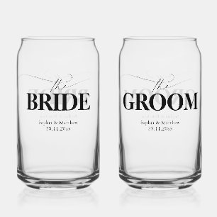 Bride Groom Modern Script Wedding Can Glass
