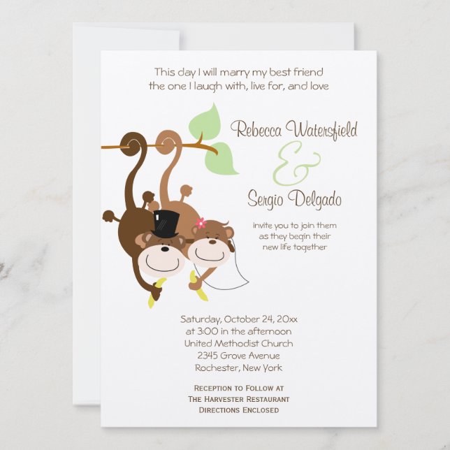 Bride/Groom Monkeys Offbeat Wedding Invitation (Front)