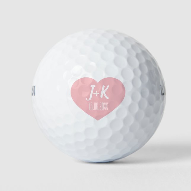 Bride Groom Monogram Pink Heart Golf Balls (Front)