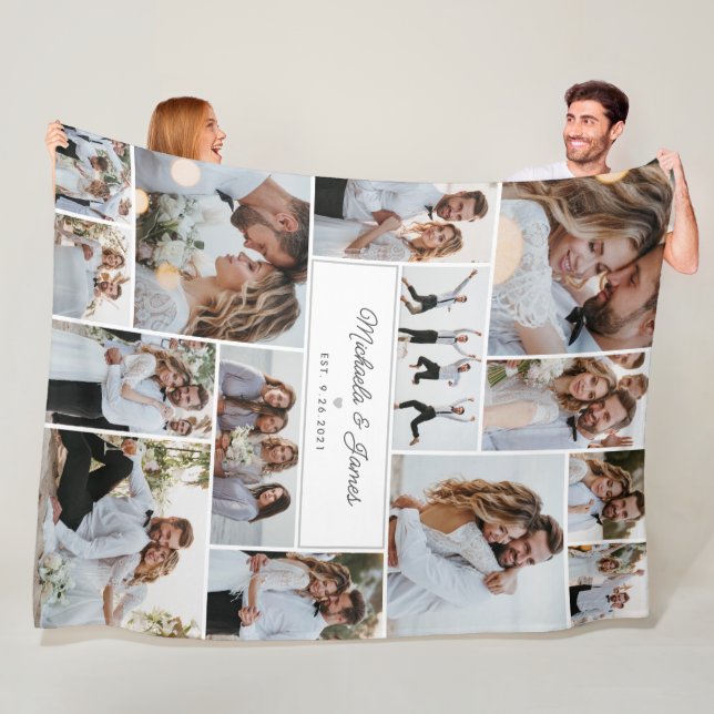 Bride & Groom Names 14-Photo Collage Wedding Gift Fleece Blanket (In Situ)