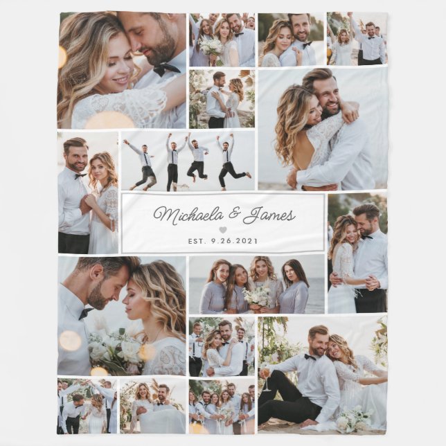 Bride & Groom Names 16-Photo Collage Wedding Gift Fleece Blanket (Front)