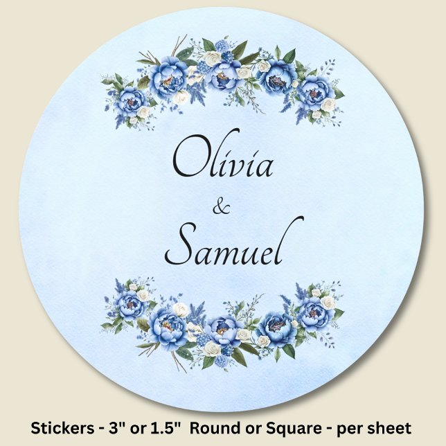 Bride & Groom Names Blue Peony  Classic Round Sticker (Creator Uploaded)