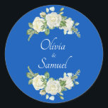 Bride & Groom Names Cobalt Blue & White Roses  Classic Round Sticker<br><div class="desc">Add the Bride & Groom Names</div>