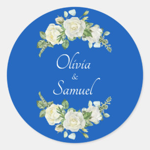 Bride & Groom Names Cobalt Blue & White Roses  Classic Round Sticker