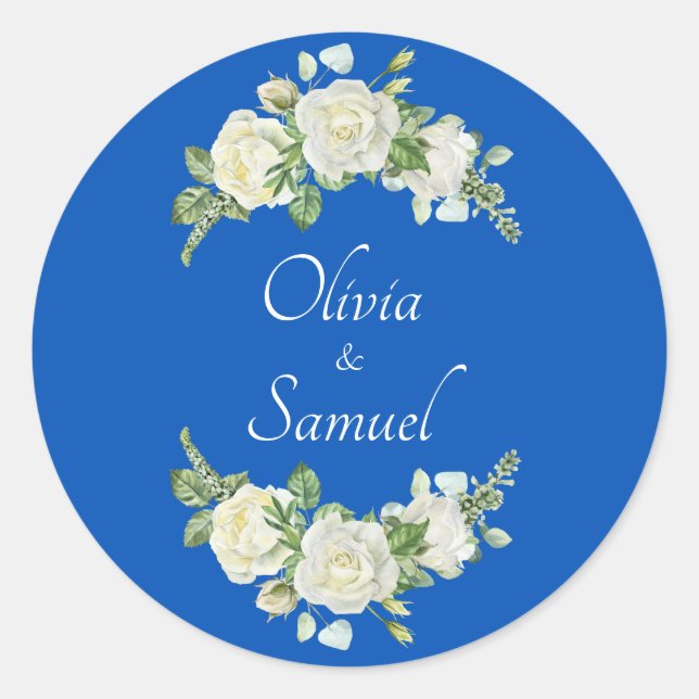 Bride & Groom Names Cobalt Blue & White Roses  Classic Round Sticker (Front)