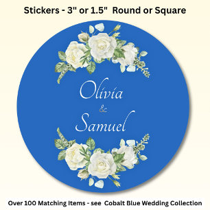 Bride & Groom Names Cobalt Blue & White Roses Classic Round Sticker