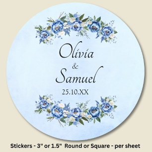 Bride & Groom Names & Date Blue Peony Classic Round Sticker