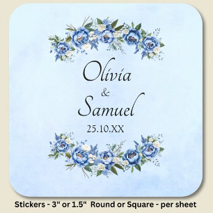 Bride & Groom Names & Date Blue Peony Square Sticker