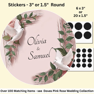 Bride & Groom Names Doves & Pink Roses Classic Round Sticker