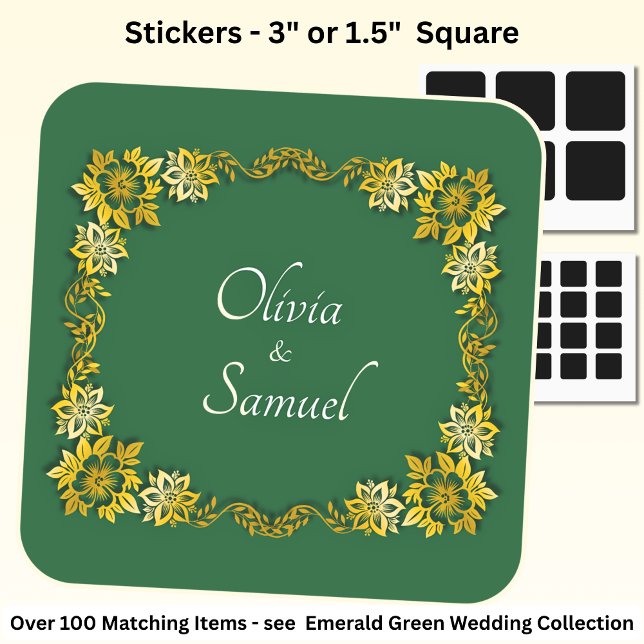 Bride & Groom Names Emerald Green & Gold Square Sticker (Creator Uploaded)