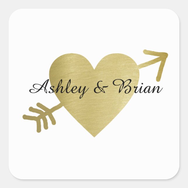 bride & groom names / heart with arrow, wedding square sticker (Front)