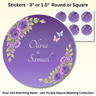 Bride & Groom Names Purple Mauve Flowers & White Classic Round Sticker