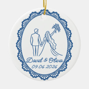 Bride Groom Names & Wedding Date Line Art Ceramic Tree Decoration