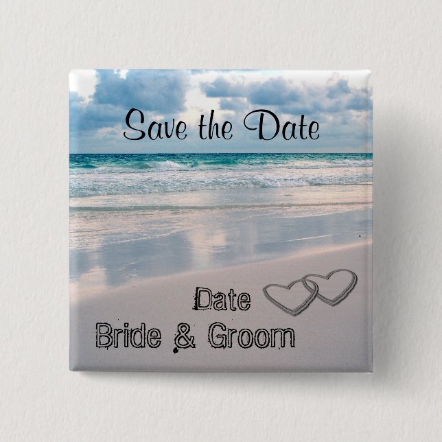 Bride & Groom Names Written in the Sand 15 Cm Square Badge (Front)