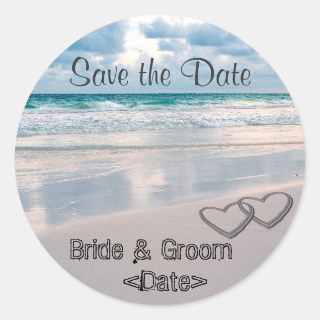Bride & Groom Names Written in the Sand Classic Round Sticker (Front)