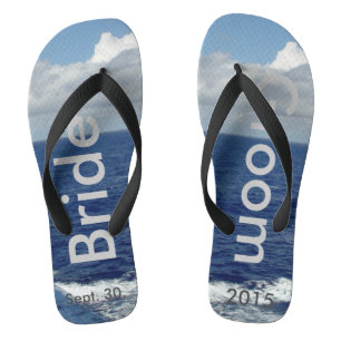 Bride Groom Ocean Waves Blue Sky Flip Flops
