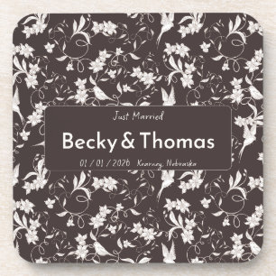 Bride & Groom on dark floral Wedding Party Coaster