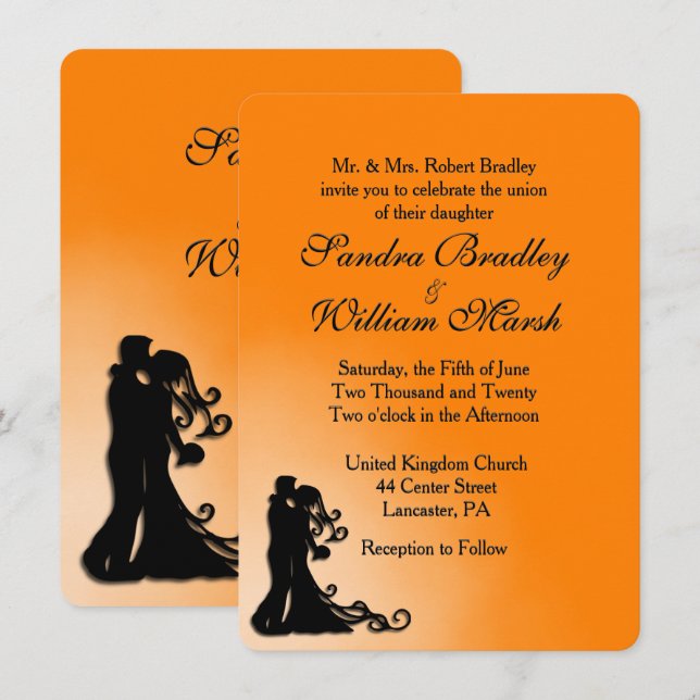 Bride, Groom Orange and Black Wedding Invitation (Front/Back)