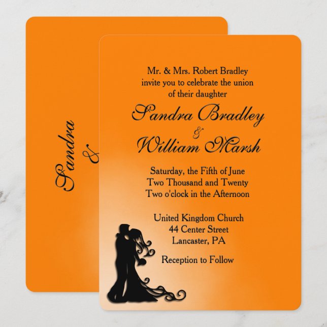 Bride, Groom Orange and Black Wedding Invitation (Front/Back)