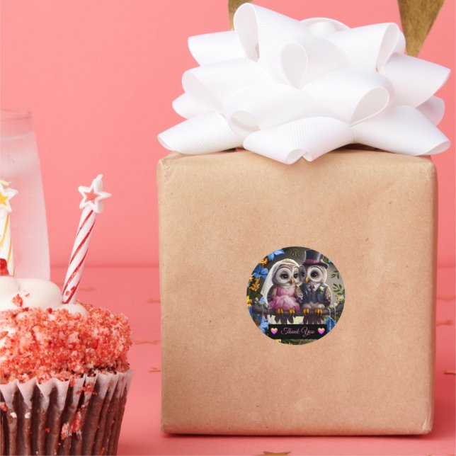 Bride & Groom Owl - Thank You  Classic Round Sticker (Party)