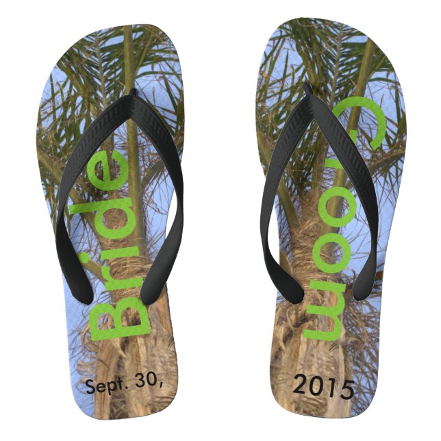 Bride Groom Palm Trees Blue Sky Flip Flops (Footbed)