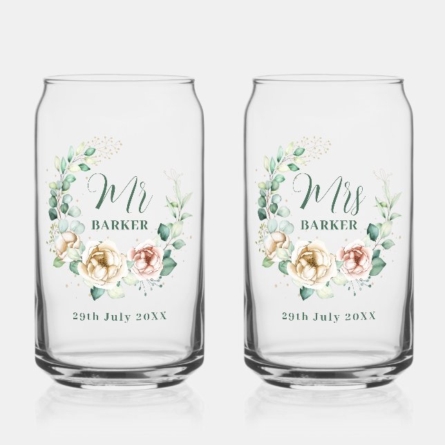 Bride & Groom Personalised Mr & Mrs  Floral Can Glass (Front)