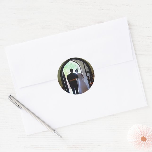 Bride Groom Photo Just Married Leaving Church Classic Round Sticker (Envelope)