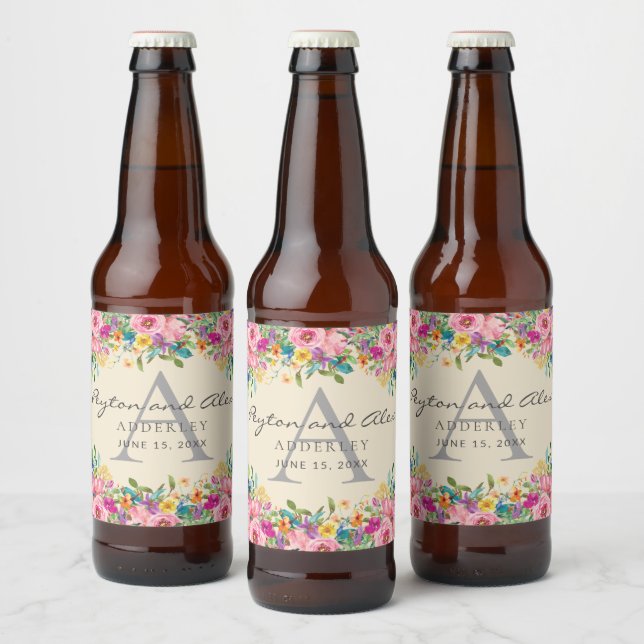 Bride Groom Pink Blue Yellow Wildflowers Cream  Beer Bottle Label (Bottles)