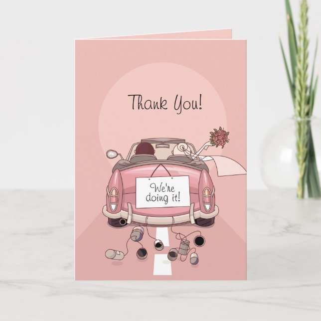 Bride & Groom Pink Getaway Car - Thank You Cards (Front)