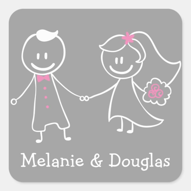 Bride & Groom Pink & Grey Wedding Announcement Square Sticker (Front)