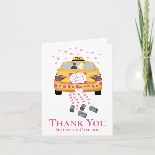 Bride Groom Pink Yellow Taxi Just Married Wedding  Thank You Card (Front)