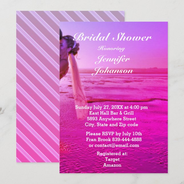 Bride & Groom Purple Sunset Beach Bridal Shower Invitation (Front/Back)
