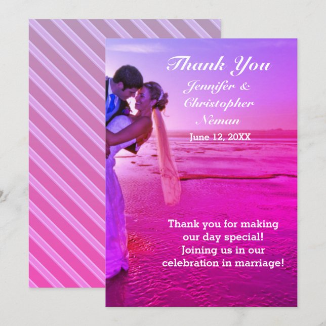 Bride & Groom Purple Sunset Beach Thank You Card (Front/Back)