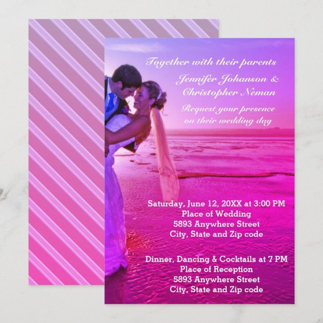 Bride & Groom Purple Sunset Beach Wedding Invite (Front/Back)
