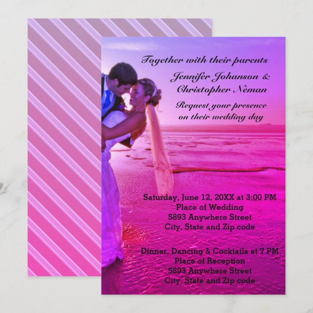 Bride & Groom Purple Sunset Beach Wedding Invite (Front/Back)