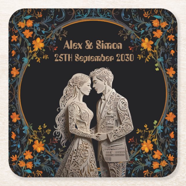 Bride & Groom Royal Classic Square Paper Coaster (Front)