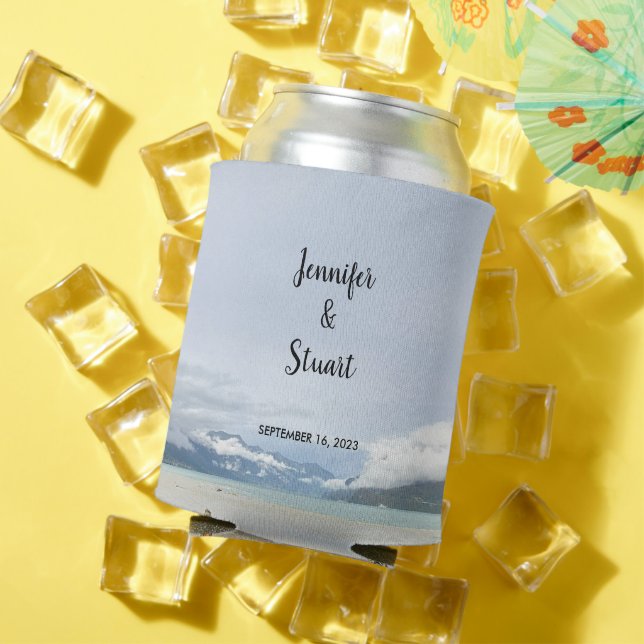 Bride groom rustic mountain beach wedding can cooler (In Situ Summer)