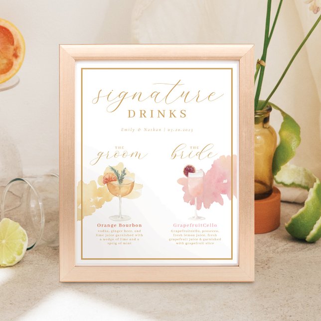 Bride & Groom Signature Drinks Watercolor Cocktail Poster (Creator Uploaded)